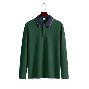 Men's dark green long-sleeve polo shirt with contrast navy collar in pique mesh fabric