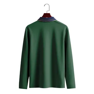 Detailed back view of a men's dark green long-sleeve polo shirt with contrast collar