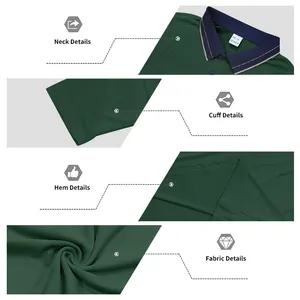 Detail views of neck, cuff, hem and fabric texture for dark green pique mesh polo shirt