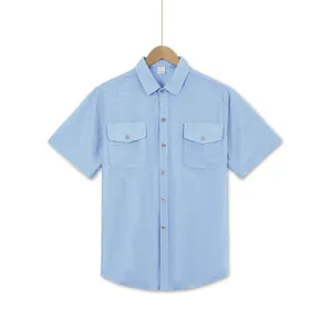 Light blue men's short sleeve leisure shirt with double chest pockets and lapel collar