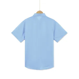 Full back view of a men's light blue short sleeve shirt with linen-like textured fabric