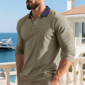 Men's khaki long sleeve Polo shirt with a navy contrast collar in a resort setting.
