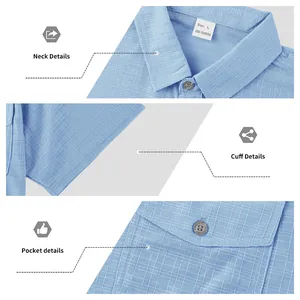 Detailed close-up views of the neck tag, cuff, and buttoned pocket on a men's blue shirt