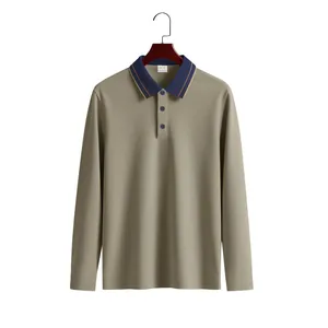 Front view of khaki long-sleeve polo shirt with navy contrast collar