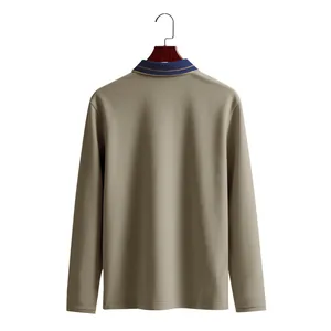 Close-up showing the back profile and contrast collar of this khaki piqué long sleeve polo