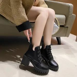 Britisches Stil Damen Martin Boots 2025 Herbst Winter Runde Zehe Reißverschluss Plateau Blockabsatz Schwarz PU Leder Stiefeletten