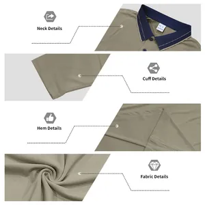 Close-up details of men's piqué polo shirt showing collar, cuff, hem and fabric texture.