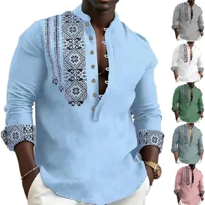 Men Ethnic Geometric Print Shirt Stand Collar Half Placket Long Sleeve Cotton Blend Casual Fashion Top