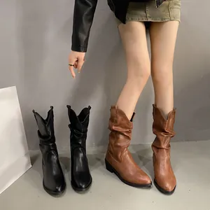 Γυναικείες Western Cowboy Slouchy Μπότες Μυτερή Μύτη V-κόψιμο Μέχρι τη Γάμπα Χοντρό Τακούνι Δέρμα PU Μπότες Ιππότη Φθινόπωρο