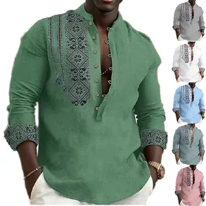 Detailed view of men's ethnic print shirt with a mandarin collar and half-placket buttons