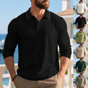 Men's casual long-sleeved polo shirt in pique mesh with contrast tipped collar and buttons