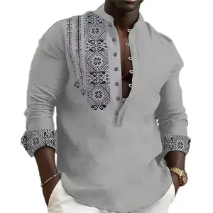 Close-up of men's grey ethnic print shirt with mandarin collar and half-placket detail