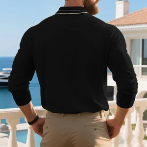 Back view of men's black long sleeve polo shirt with stylish contrast collar trim