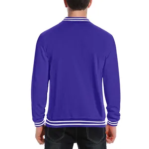 Vue arrière d'un blouson teddy violet pour homme avec bord-côte rayé blanc