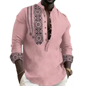 Close-up of ethnic geometric pattern on pink men's long sleeve stand collar shirt