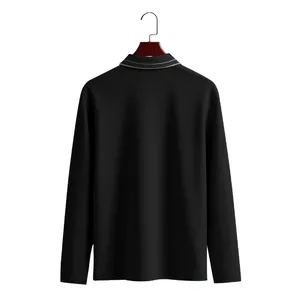 Detailed back view of men's long sleeve black pique polo shirt with striped collar.