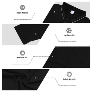Detailed views of men's black piqué polo shirt: neck, cuffs, hem, and fabric texture