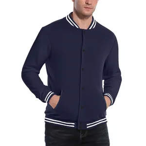 Veste de baseball bleu marine pour homme avec bords-côtes rayés classiques.