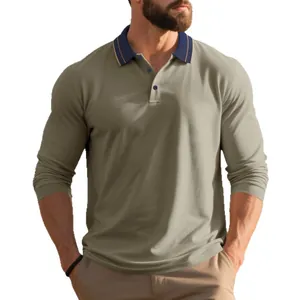 Men's long-sleeve pique polo shirt with contrast collar for casual fall golf style.