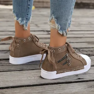 Stylish brown high-top canvas sneakers for women with zipper and back bow details