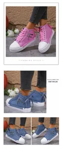 Multiple detail views of women's high-top canvas sneakers in pink and denim blue fabric
