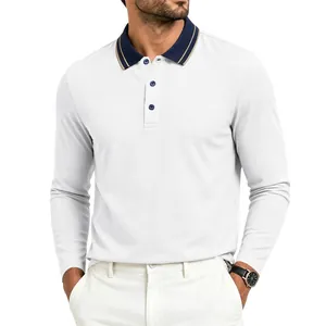 Herren-Langarm-Poloshirt aus weißem Piqué mit kontrastierendem dunkelblauem Kragen