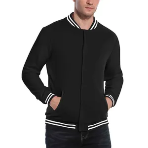Vue de face d'un blouson teddy noir pour homme avec col et poignets à rayures blanches