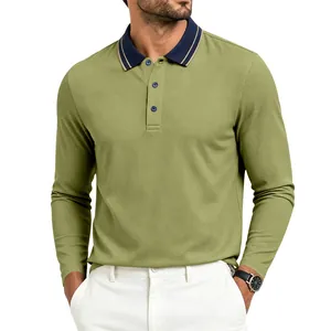 Detailansicht des olivgrünen Langarm-Polohemds aus Piqué-Mesh für Herren im Business-Casual-Stil