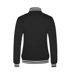 Vue arrière du blouson aviateur noir classique avec bordures côtelées à rayures blanches.