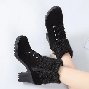 Stylish black square heel ankle boots featuring rhinestone decor and fuzzy knit collar