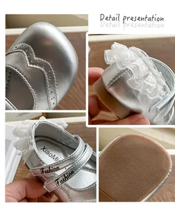 Vues détaillées de chaussures argentées pour bébés filles avec dentelle blanche et semelle souple