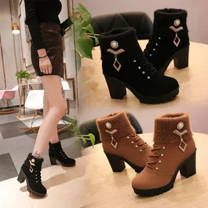 Fashionable chunky heel ankle boots with knit cuff and rhinestone pearl decor details.