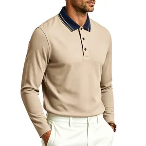Detailansicht Herren Polohemd in Beige mit marineblauem Kontrastkragen und Langarm