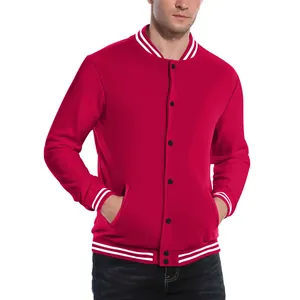 Veste varsity rétro américaine rouge avec bords-côtes rayés blancs et boutons pression
