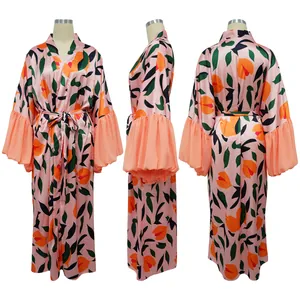 Kimono long imprimé floral pour femmes robe de plage avec manches à volants