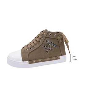 Women's high-top canvas sneakers in khaki with heart zipper and 3cm platform sole