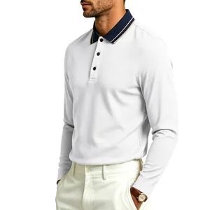 Detailansicht eines weißen Piqué-Langarm-Poloshirts mit marineblauem Kontrastkragen
