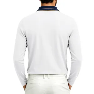 Detaillierte Rückansicht eines weißen Langarm-Poloshirts für Herren mit gestreiftem Kragen