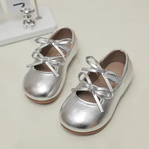 Girls Princess Mary Jane Shoes Double Bowknot Round Toe Flat Ballet Single Shoes Silver Black Kids Party Dressy Shoes