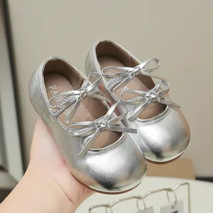 Silver metallic girls' Mary Jane shoes with double bow detail for princess style