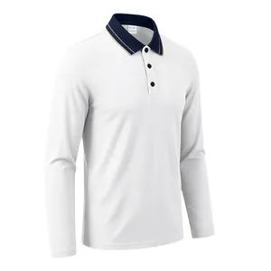 Detailansicht eines weißen langärmeligen Piqué-Poloshirts mit marineblauem Kragen