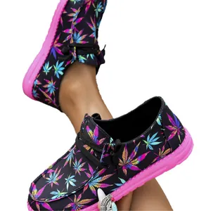 Women's stylish colorful maple leaf print canvas loafers with bright pink rubber soles