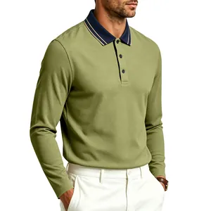 Detailansicht Herren Polohemd Langarm Olivgrün mit Piqué-Struktur und blauem Kragen-Detail