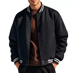 Veste Varsity Rétro Américaine pour Hommes Doublée Polaire Col Montant Boutonnée Décontractée Couleur Unie Polyester