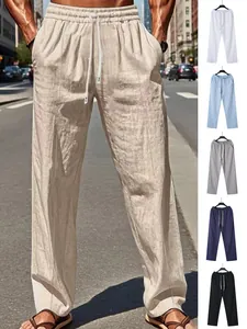 Men's Casual Linen Blend Trousers Summer Beach Pants Drawstring Elastic Waist Straight Leg Breathable Lightweight Bottoms