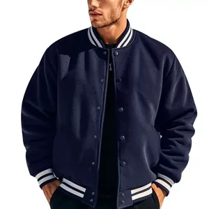 Veste teddy bleu marine pour homme avec col et poignets à rayures blanches