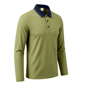 Detailansicht der olivgrünen langärmeligen Piqué-Poloshirts für Herren mit Kragen.