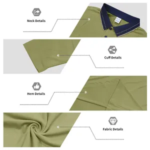 Detailansichten von Kragen, Bündchen und Piqué-Stoff dieses olivgrünen Herren-Poloshirts.