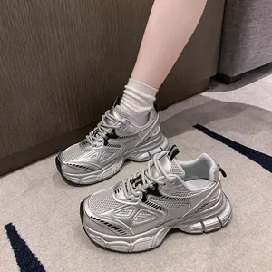 Zapatillas de plataforma de malla plateada para niñas, zapatos de papá transpirables