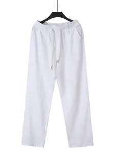 Casual men's white cotton linen trousers with drawstring elastic waist and straight leg